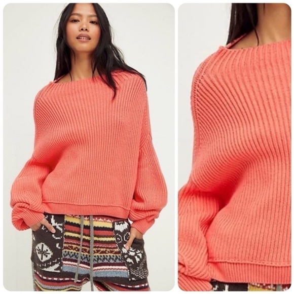 Free People Emmy orange mock neck drop sleeve cropped oversized sweater size XS - Picture 2 of 9